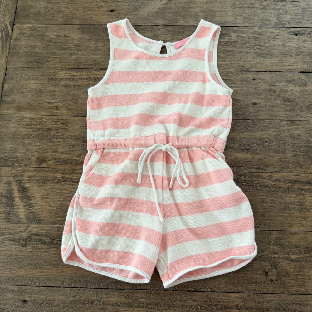 Bisby Kids Girls Pink White Striped Sleeveless Romper Size 7 Cotton Drawstring
